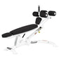 Hoist Adjustable Decline AB Bench with white frame, black padded seat and backrest, and four black weighted arm attachments o
