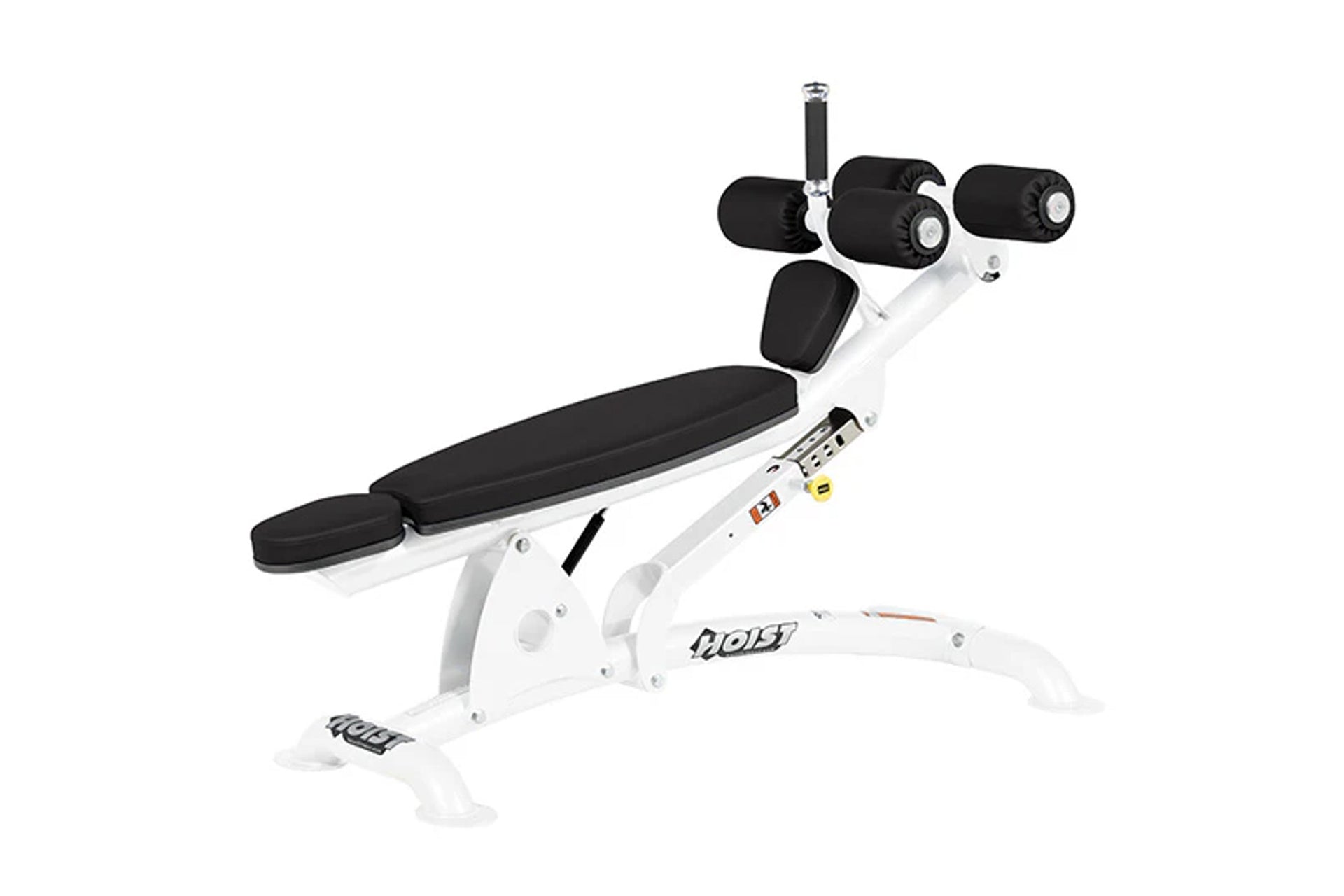 Hoist Adjustable Decline AB Bench with white frame, black padded seat and backrest, and four black weighted arm attachments o
