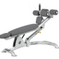 Hoist adjustable decline abdominal bench with gray padded seat and backrest, multiple adjustable arm rollers, and silver meta