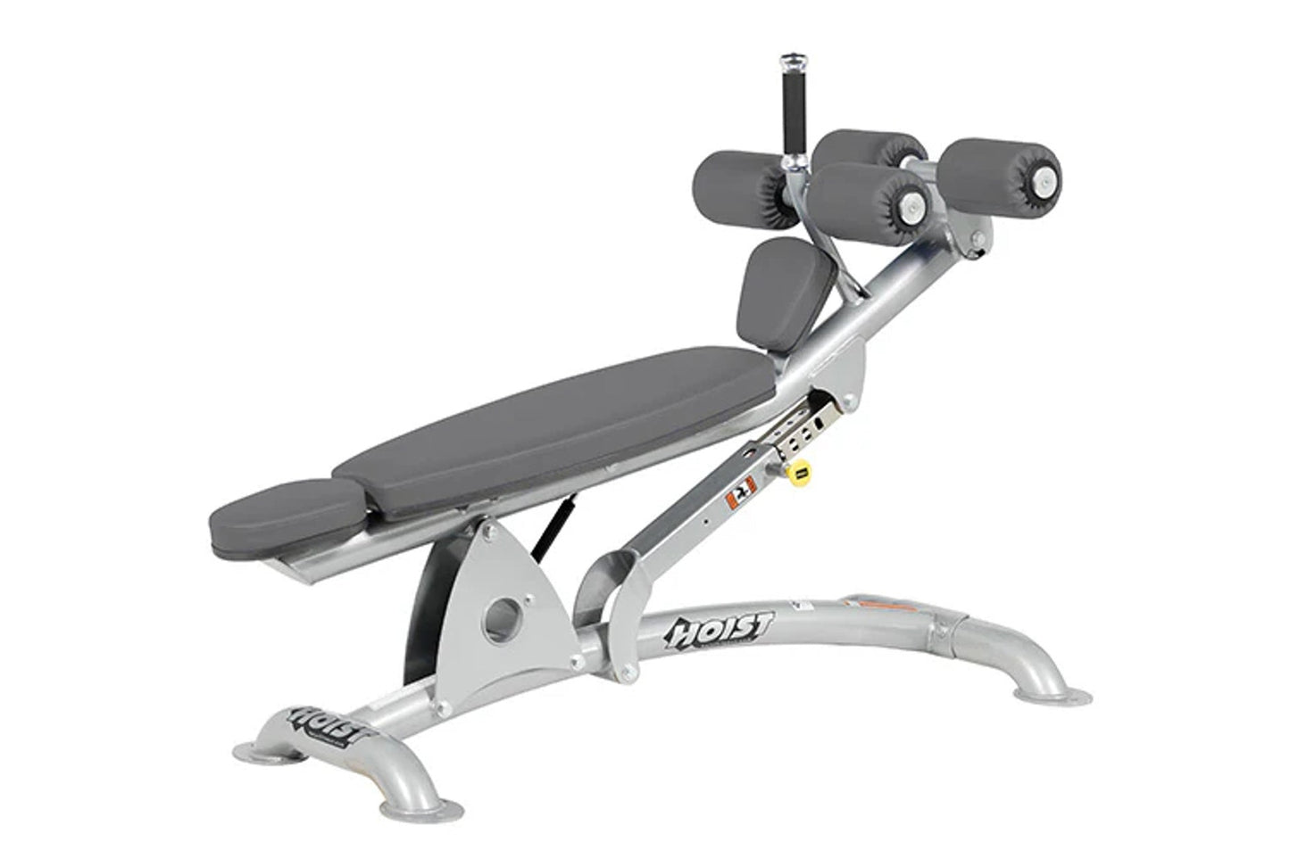 Hoist adjustable decline abdominal bench with gray padded seat and backrest, multiple adjustable arm rollers, and silver meta