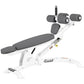 White and gray Hoist adjustable decline abdominal bench with padded seat, backrest, leg extension, and arm supports on white 