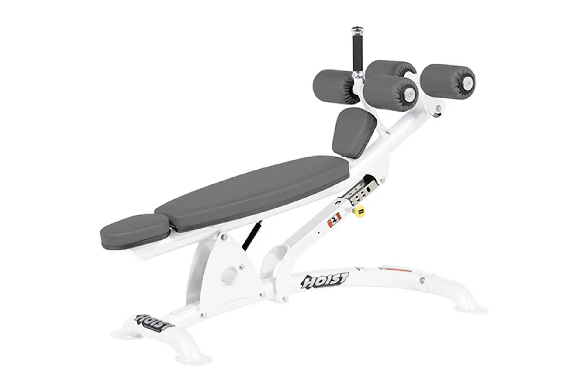 White and gray Hoist adjustable decline abdominal bench with padded seat, backrest, leg extension, and arm supports on white 
