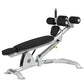 Hoist adjustable decline ab bench with silver metal frame, black padded seat and backrest, adjustable leg extension with blac