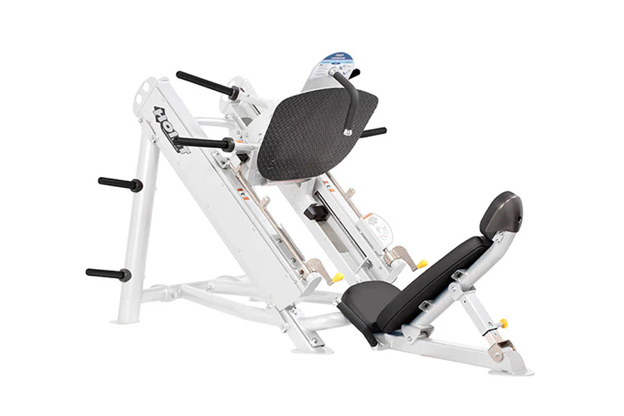 White leg press machine with black padded seat and backrest, angled frame design, on white background
