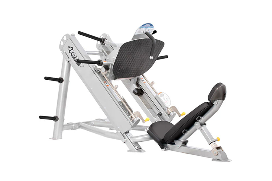 Hoist Angled Linear Leg Press with white frame, black padded seat and backrest, shown on white background