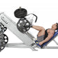 Hoist Angled Linear Leg Press machine with weight plates, model CF-3355, demonstrated by shirtless male user on white backgro