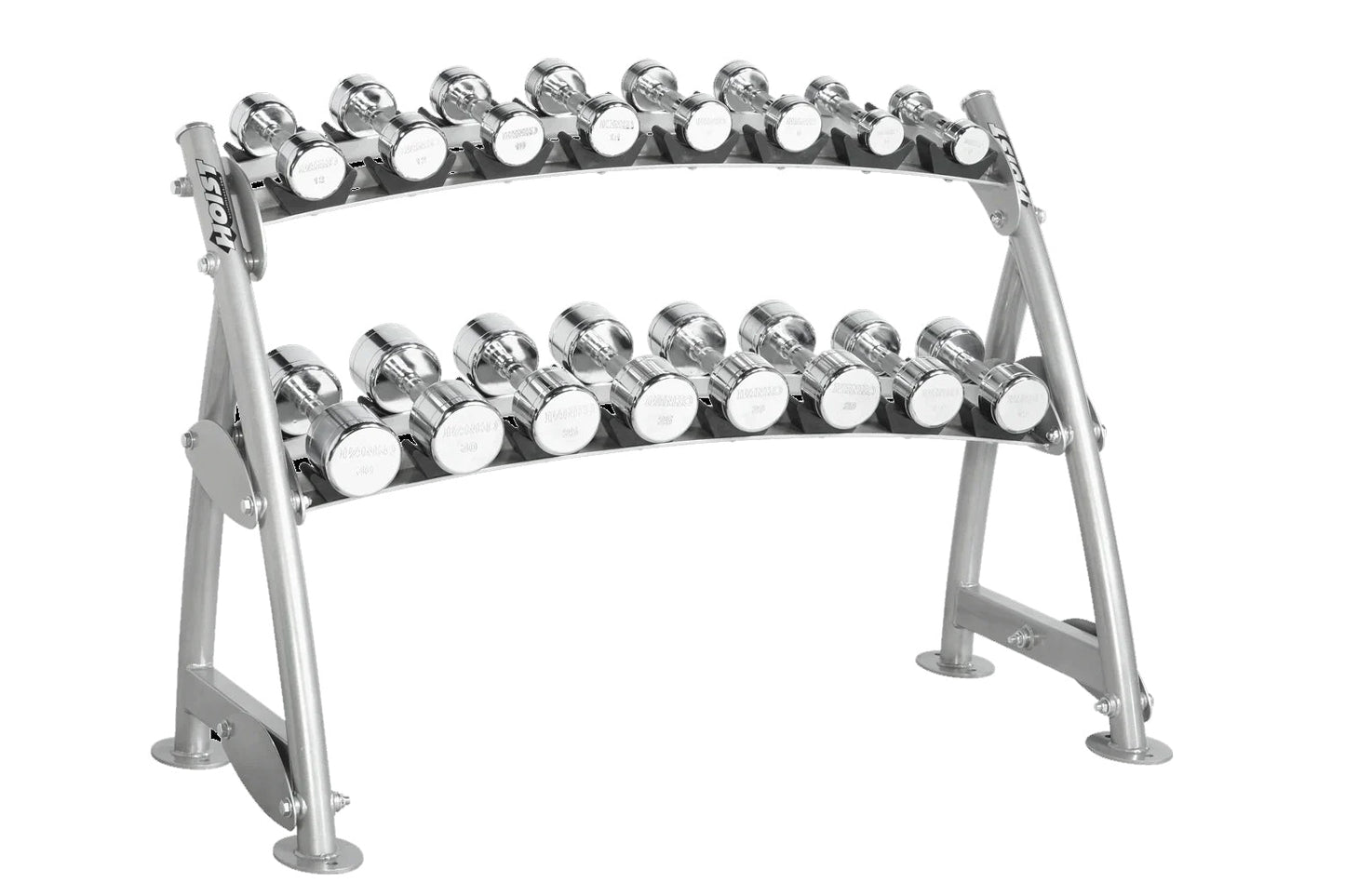 Two-tier silver dumbbell rack with chrome and black accents holding multiple pairs of weights on white background