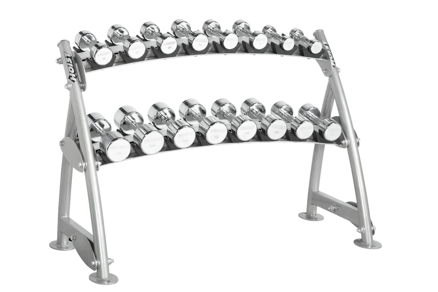 Two-tier silver dumbbell rack with chrome and black accents holding multiple pairs of weights on white background