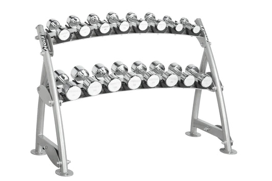 Two-tier silver dumbbell rack with chrome and black accents holding multiple pairs of weights on white background