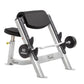 Hoist Preacher Curl weight machine with silver frame, black padded seat and backrest, and 60 pound Ivanko dumbbell, on white 