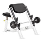 White and black weight bench with padded backrest and seat, 60-pound barbell with black plates, on white background