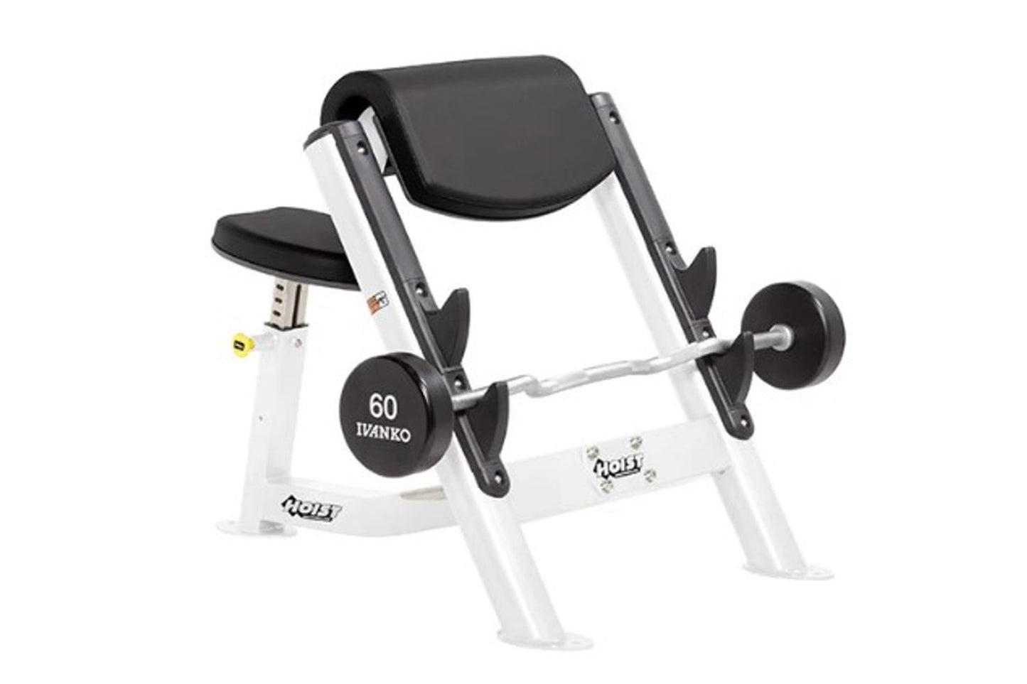 White and black weight bench with padded backrest and seat, 60-pound barbell with black plates, on white background