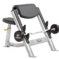 Hoist Preacher Curl weight machine with silver frame, black padded seat and arm rest, 60-pound Ivanko dumbbell attached, on w