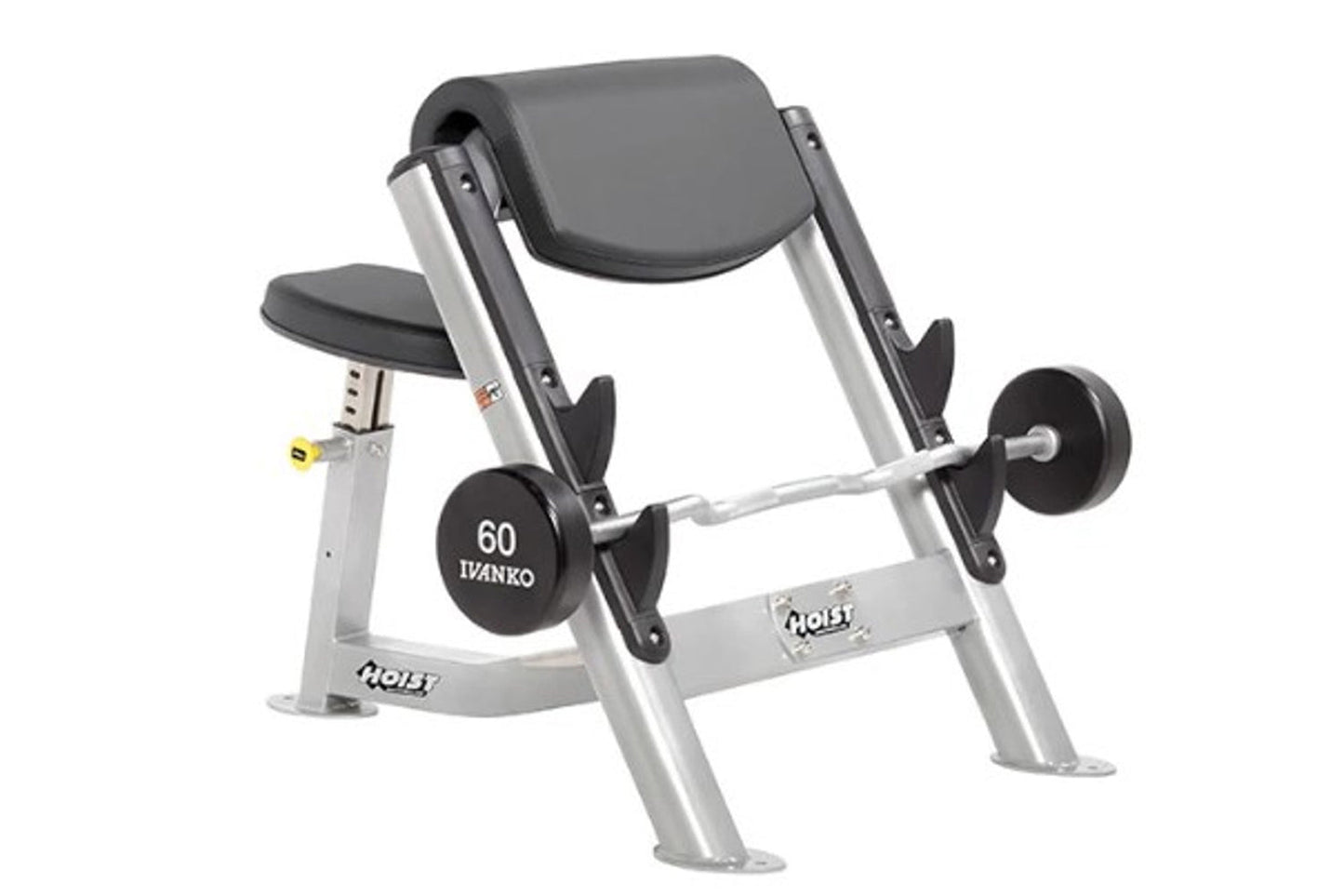 Hoist Preacher Curl weight machine with silver frame, black padded seat and arm rest, 60-pound Ivanko dumbbell attached, on w