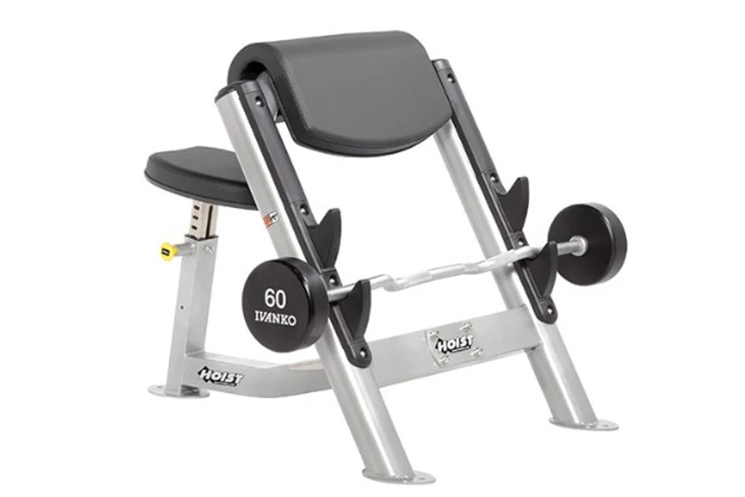 Hoist Preacher Curl weight machine with silver frame, black padded seat and arm rest, 60-pound Ivanko dumbbell attached, on w