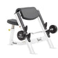 Hoist Preacher Curl weight machine with white frame, black padded seat and arm pad, holding 60-pound dumbbell