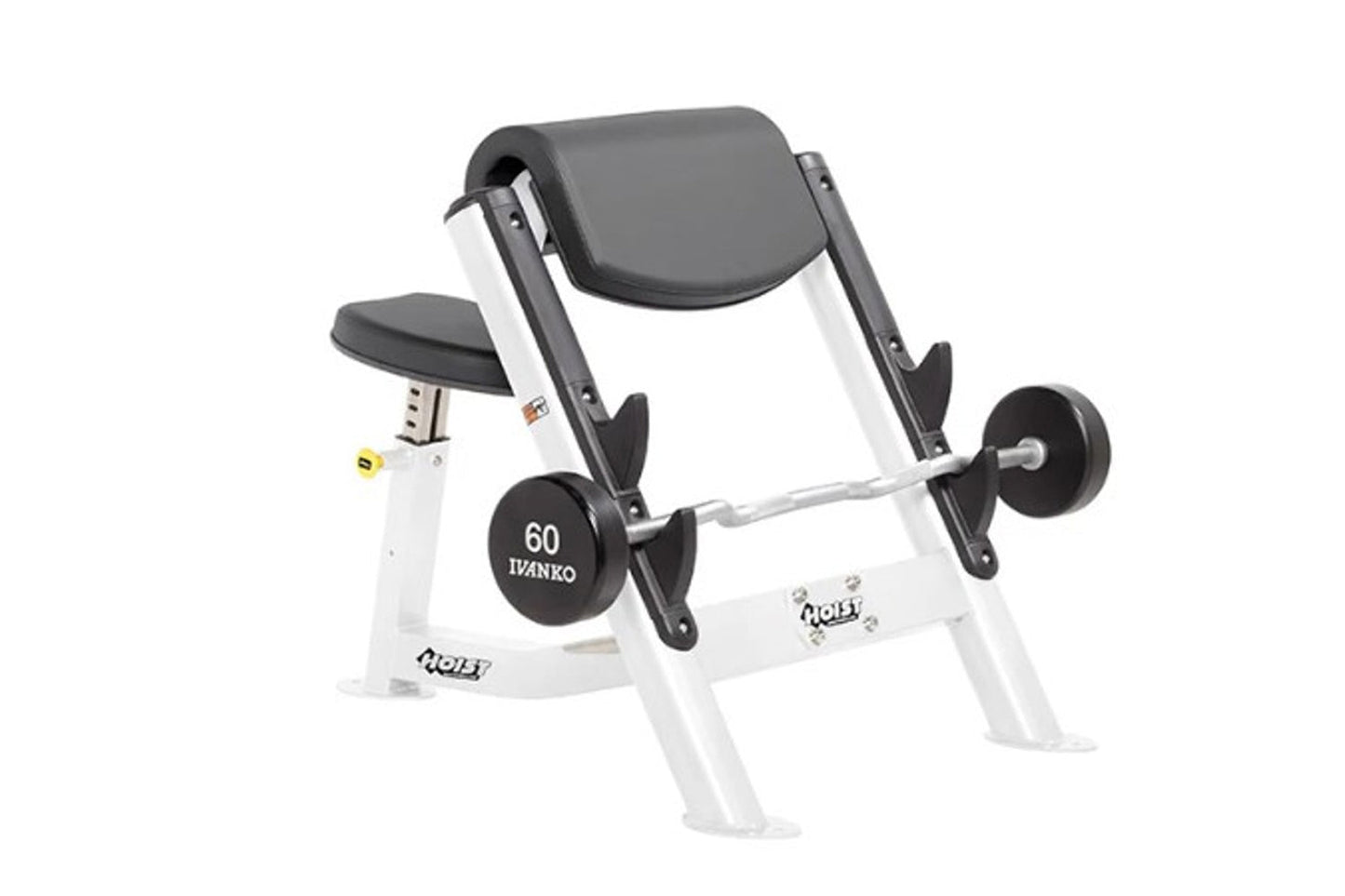 Hoist Preacher Curl weight machine with white frame, black padded seat and arm pad, holding 60-pound dumbbell