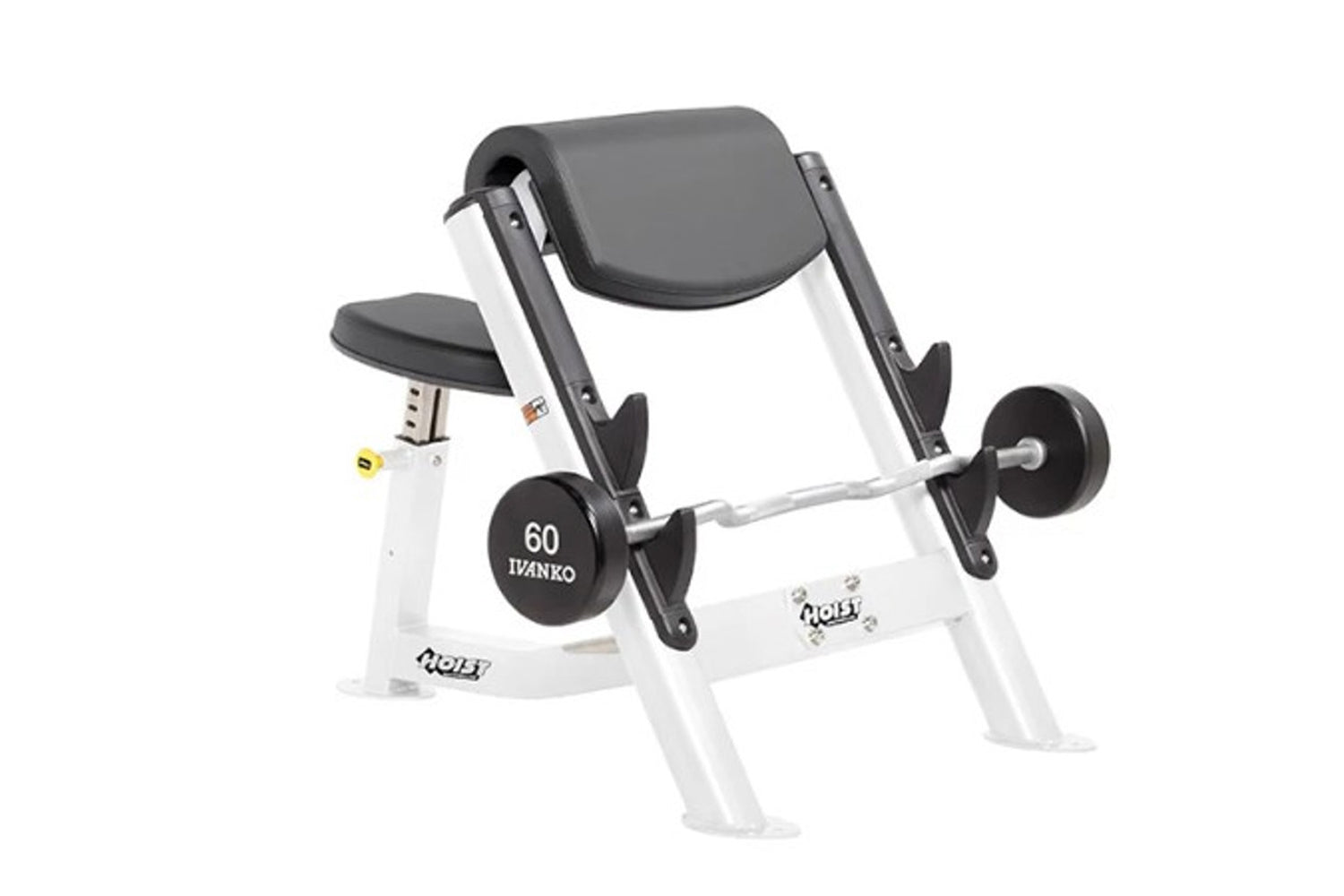 Hoist Preacher Curl weight machine with white frame, black padded seat and arm pad, holding 60-pound dumbbell