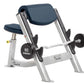 Hoist Preacher Curl weight machine with white frame, blue padded seat and back, and 60-pound black weight plate on white back