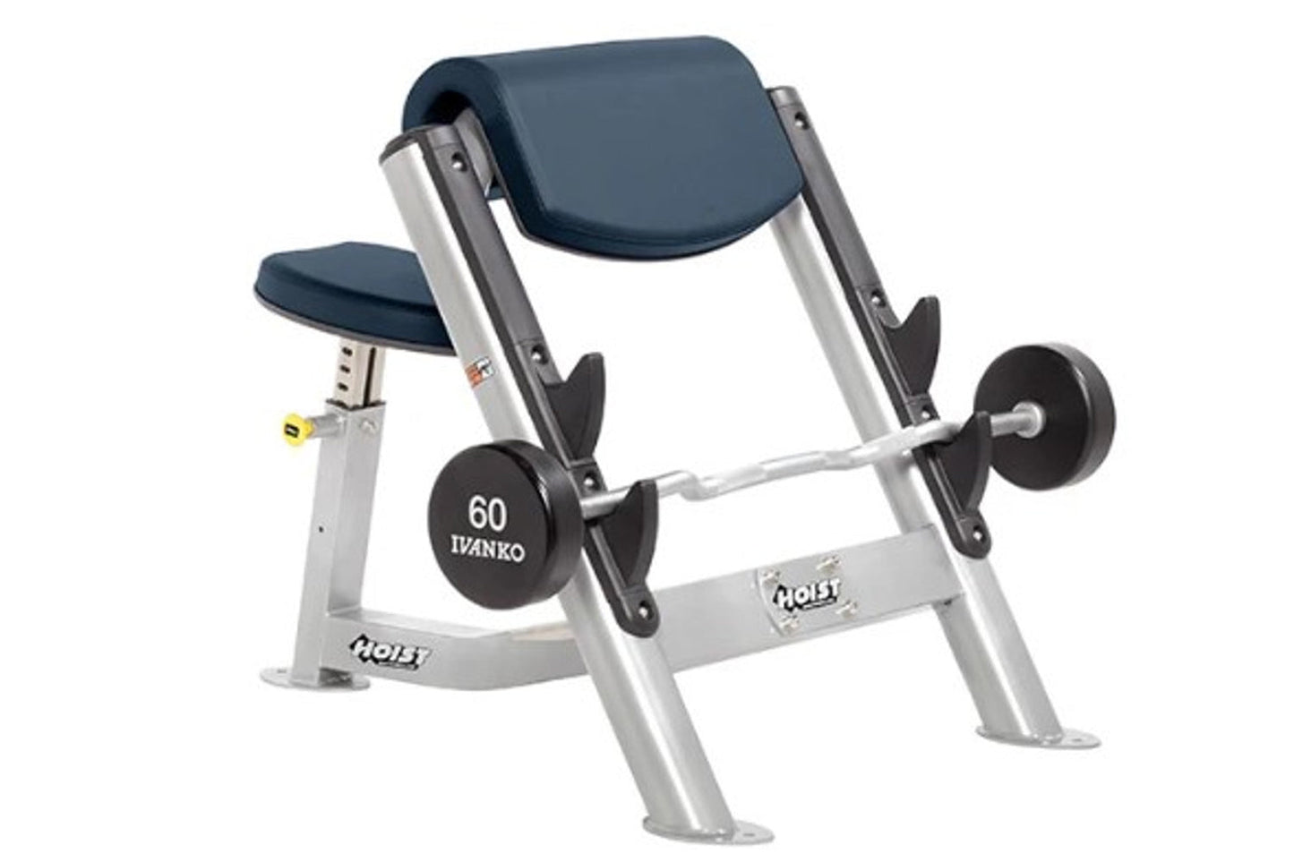 Hoist Preacher Curl weight machine with white frame, blue padded seat and back, and 60-pound black weight plate on white back