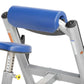Hoist Preacher Curl weight bench with blue padded armrest and seat, silver metal frame, on white background