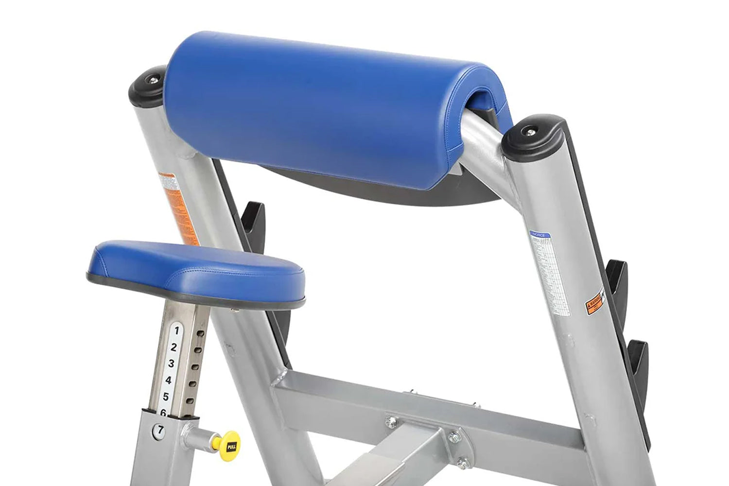 Hoist Preacher Curl weight bench with blue padded armrest and seat, silver metal frame, on white background