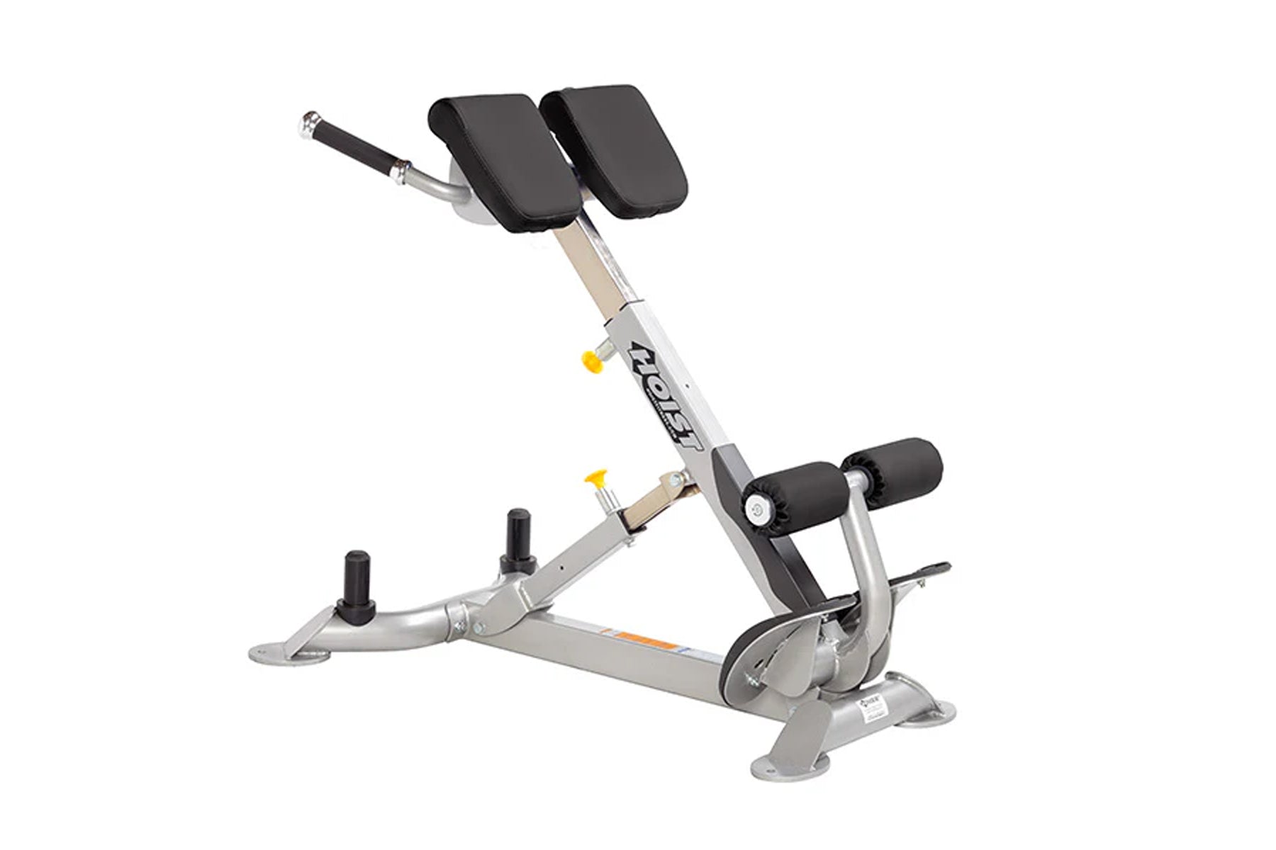 Hoist CF-3663 back hyperextension machine with gray frame, black padded backrest and seat, on white background