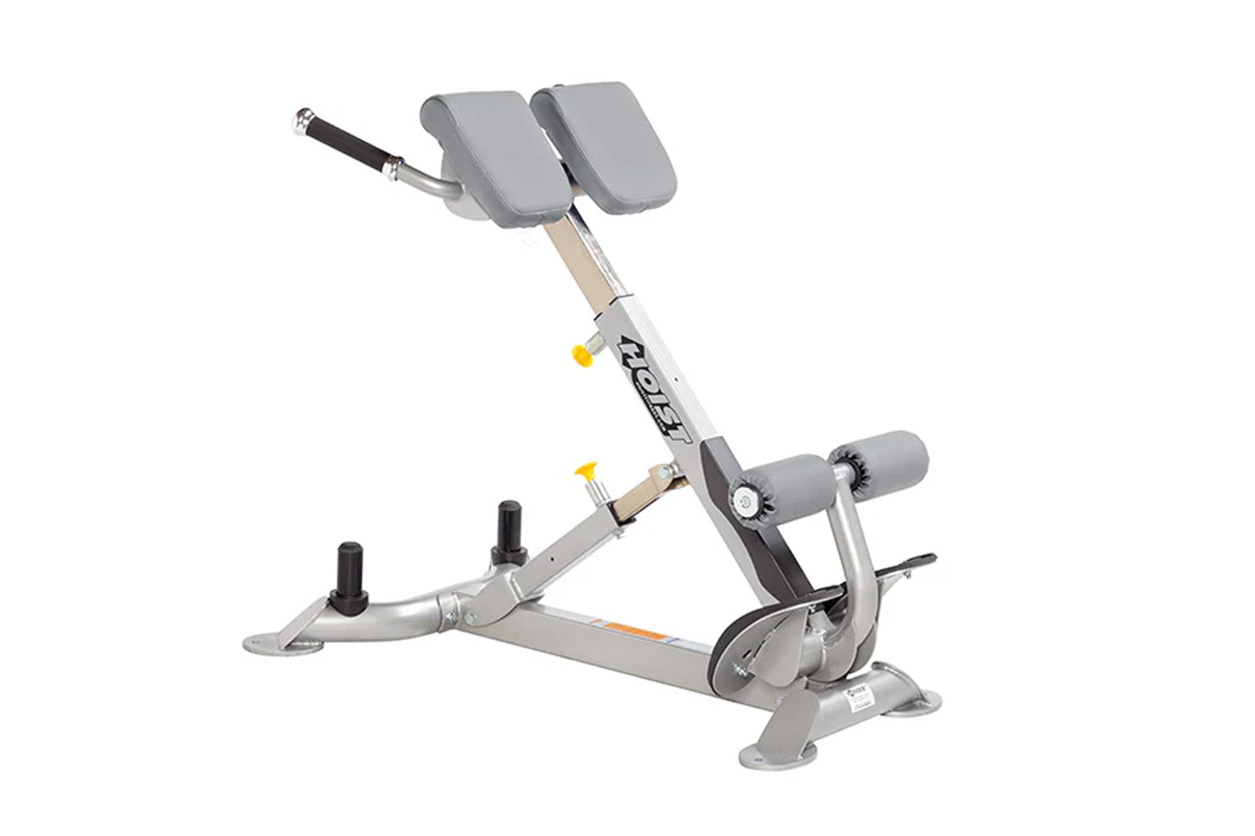 Hoist CF-3663 back hyper exercise machine with gray padded seat and back support on white background