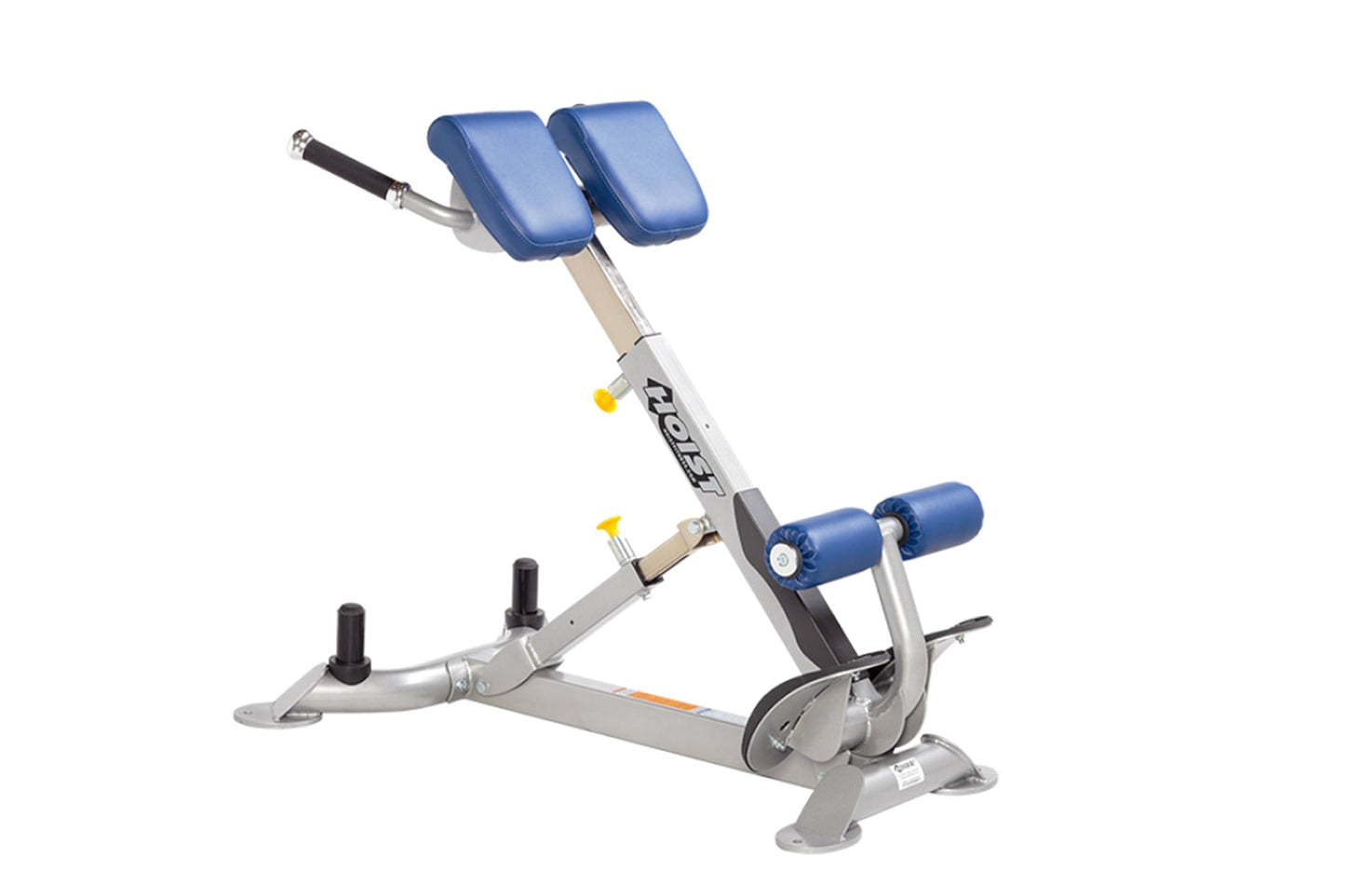 Hoist CF-3663 Back Hyper with gray metal frame, blue padded backrest and leg extension, and black grip handles on white backg