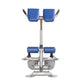 Hoist CF-3663 back hyper exercise machine with blue padded arm and leg supports, gray metal frame and base on white backgroun