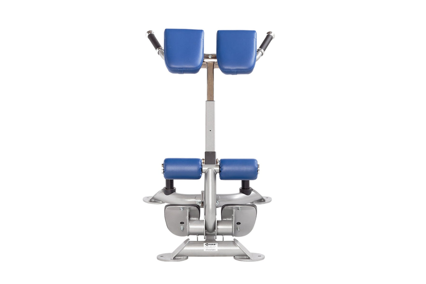 Hoist CF-3663 back hyper exercise machine with blue padded arm and leg supports, gray metal frame and base on white backgroun