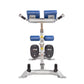Hoist CF-3663 back hyperextension machine with blue padded rollers, silver frame, and black foot pedals on white background