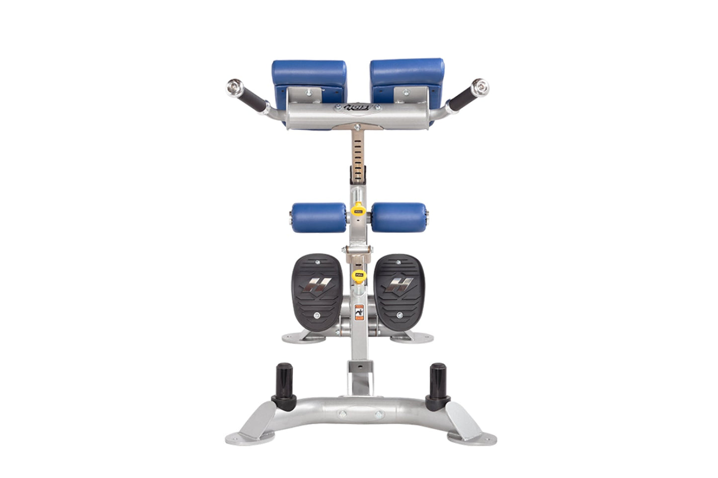 Hoist CF-3663 back hyperextension machine with blue padded rollers, silver frame, and black foot pedals on white background