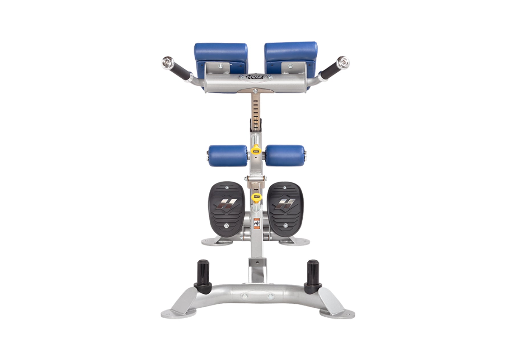 Hoist CF-3663 back hyperextension machine with blue padded rollers, silver frame, and black foot pedals on white background