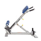 Hoist CF-3663 back hyperextension machine with blue padded backrest, adjustable foot platform, and gray steel frame on white 