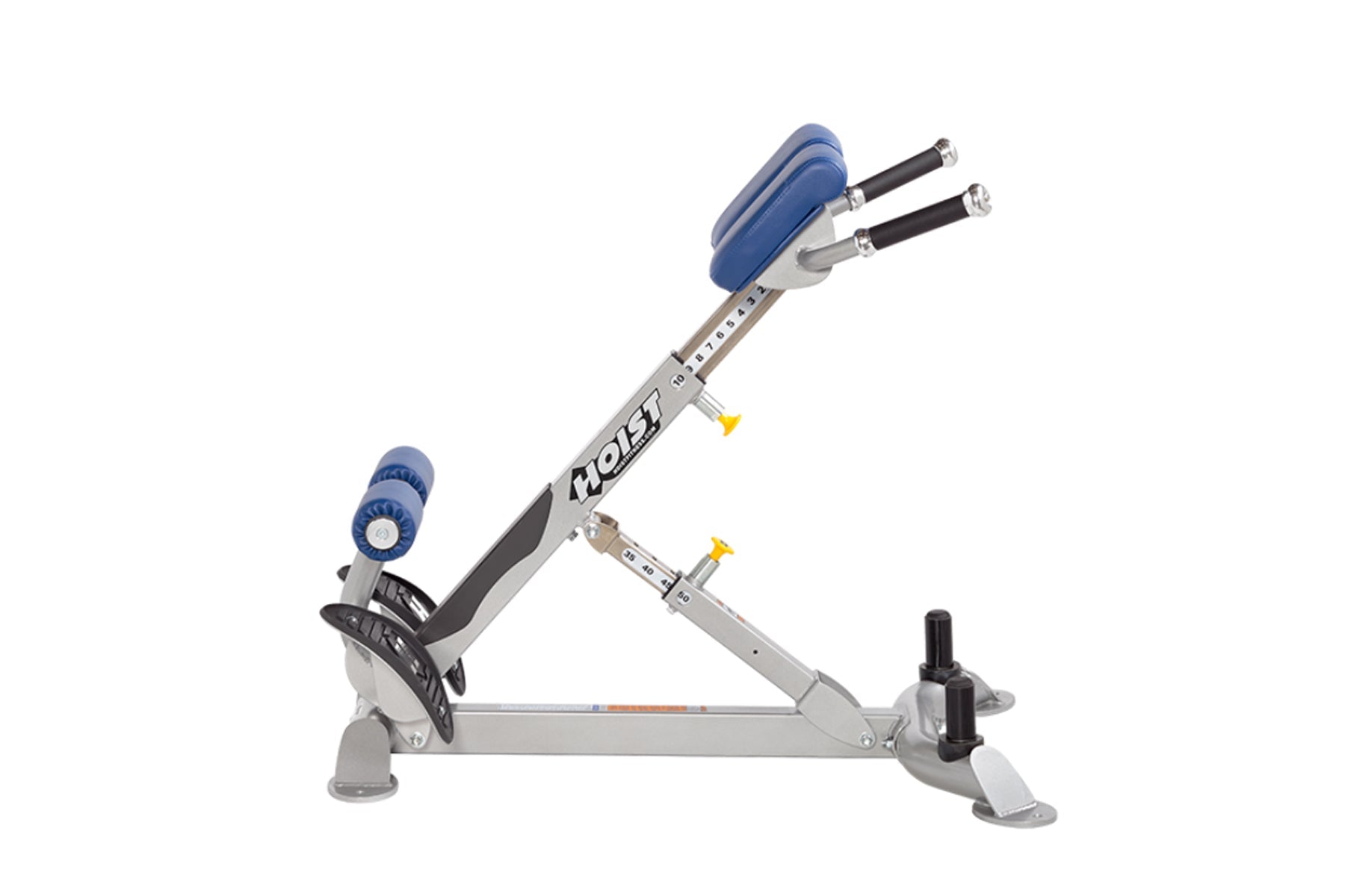 Hoist CF-3663 back hyperextension machine with blue padded backrest, adjustable foot platform, and gray steel frame on white 