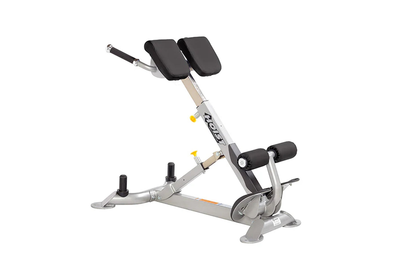 Hoist CF-3663 back hyperextension machine with silver frame, black padded seat and backrest, on white background
