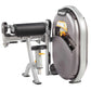 Hoist Biceps Curl machine with silver frame, black seat and rollers, large gray curved backrest, and yellow safety label on w