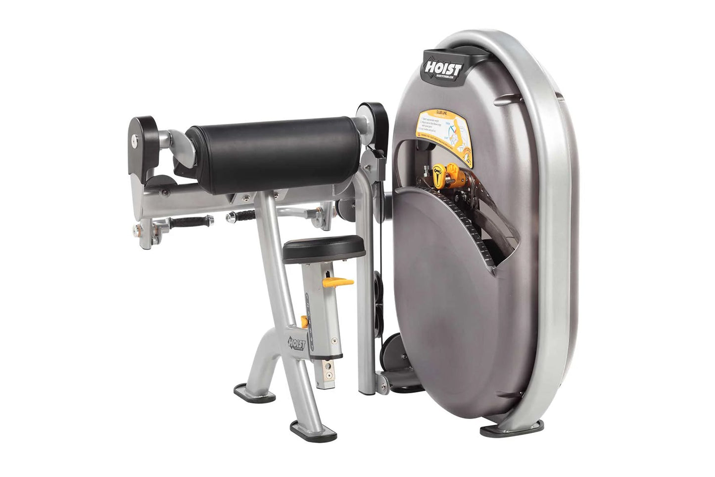 Hoist Biceps Curl machine with silver frame, black seat and rollers, large gray curved backrest, and yellow safety label on w