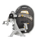 Hoist Biceps Curl machine with gray frame, dark gray padded seat and backrest, black handles with yellow accents, on white ba