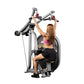 Woman using Hoist Lat Pulldown machine with gray frame and red handles on white background