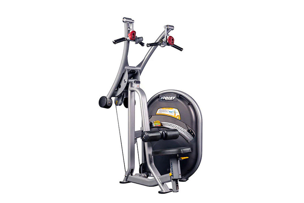 Hoist Lat Pulldown machine with dual red handles, gray frame, black seat, and yellow accents on white background
