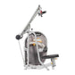 Hoist Lat Pulldown machine with silver frame, gray upholstered seat, red adjustment handle, and overhead pulldown arm on whit