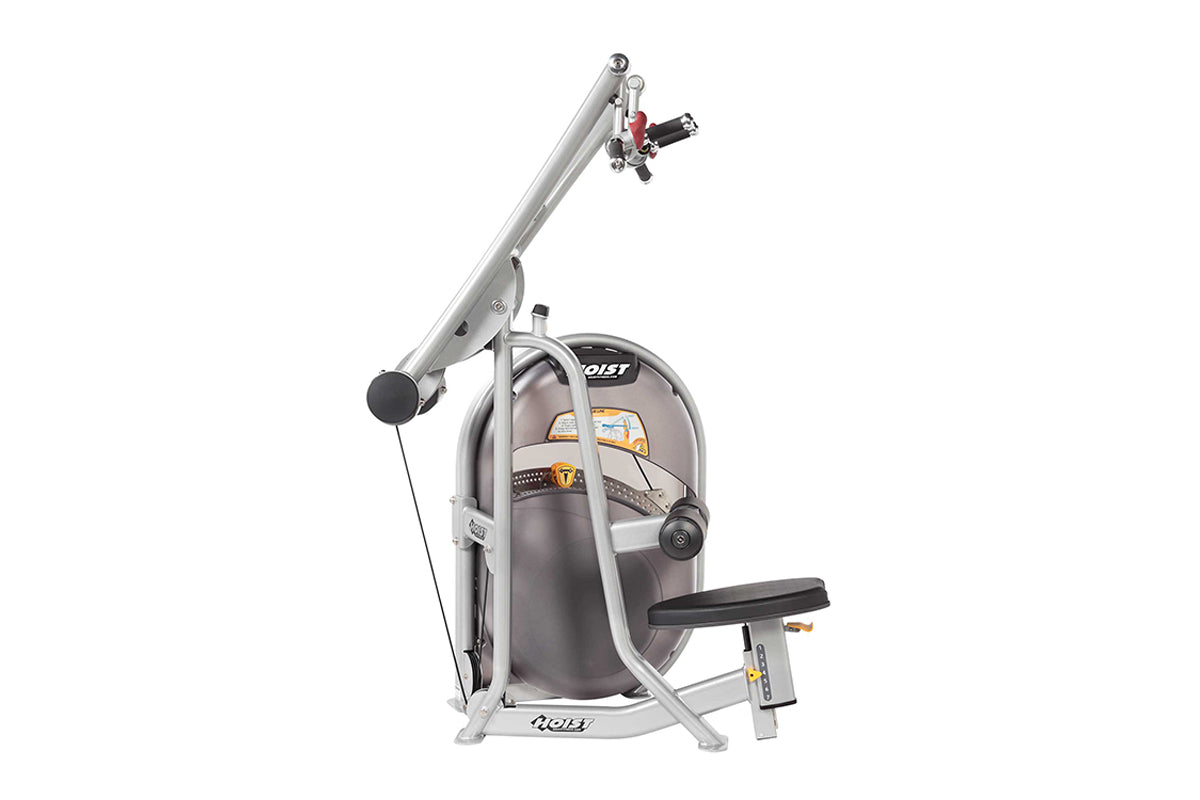 Hoist Lat Pulldown machine with silver frame, gray upholstered seat, red adjustment handle, and overhead pulldown arm on whit