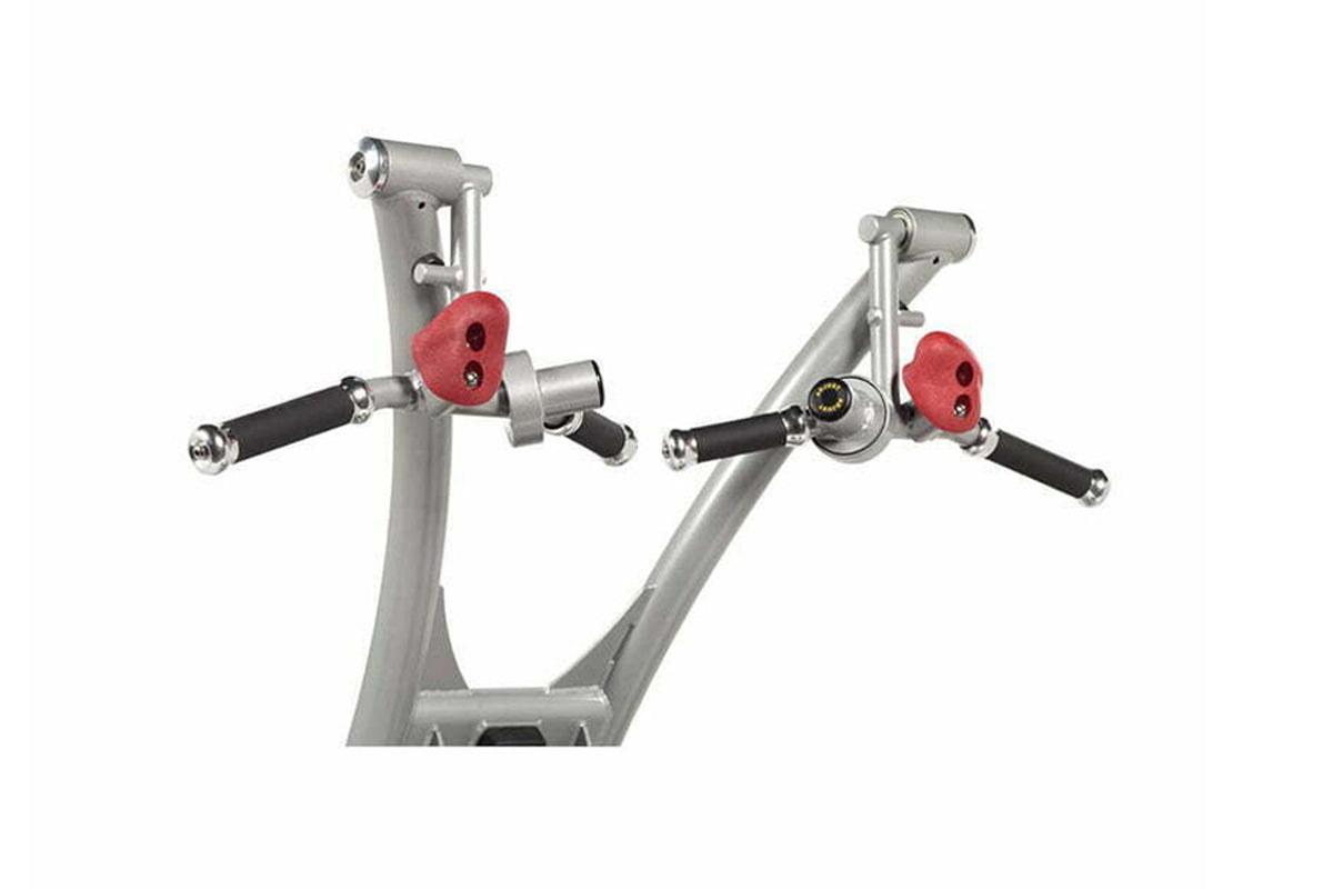 Hoist Lat Pulldown machine with dual silver metal frames, red handle blocks, and black grips on white background