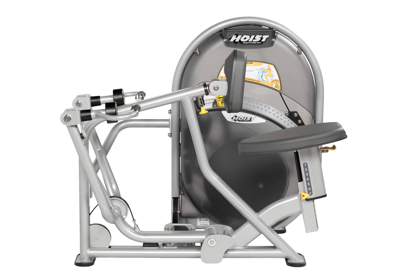 Hoist Mid Row CL-3203 exercise machine with silver metal frame, black padded seat and backrest, dual handles, and adjustment 