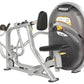 Hoist mid row machine with silver frame, black padded seat and backrest, dual handles with yellow accents on white background