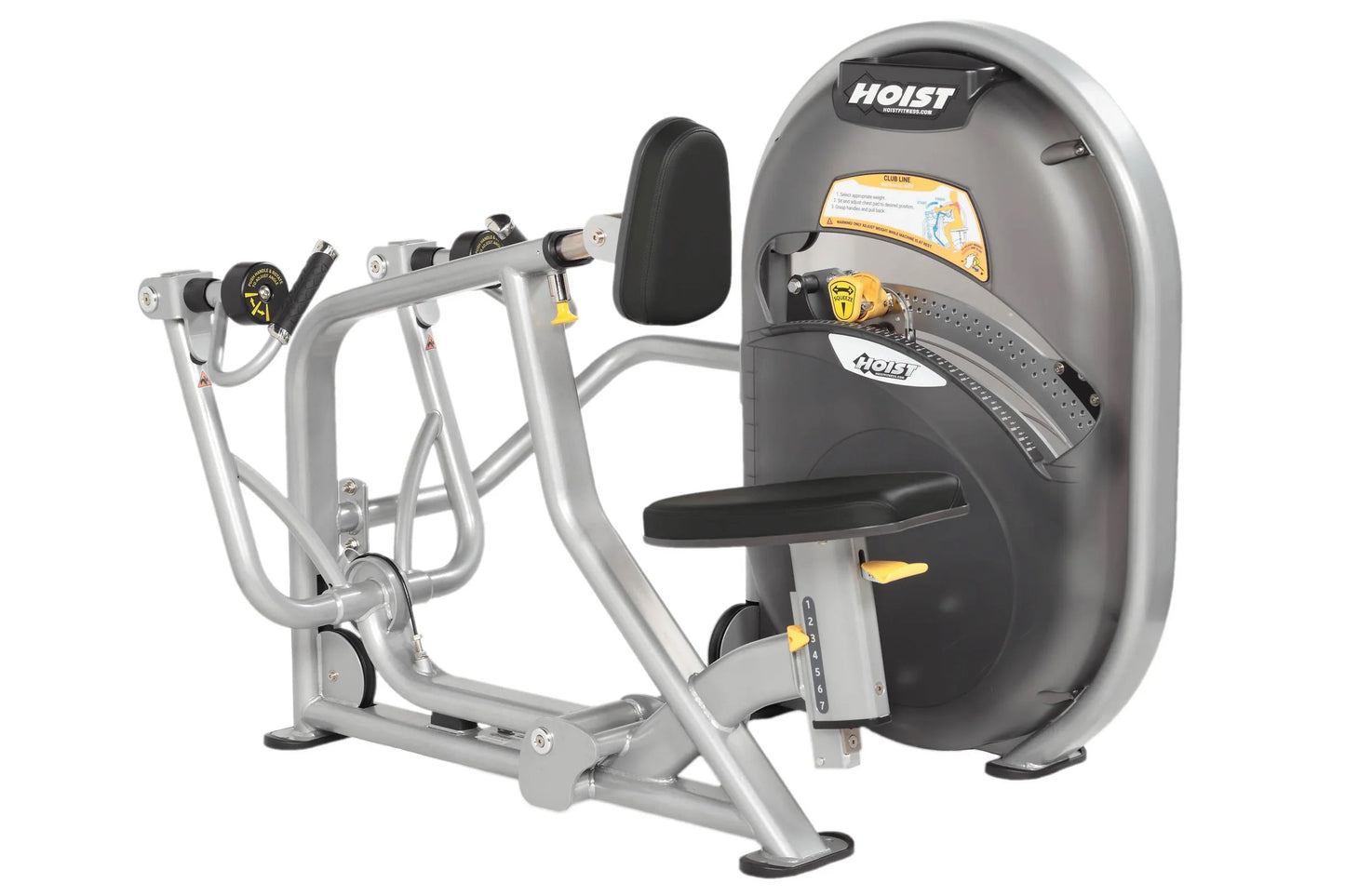 Hoist mid row machine with silver frame, black padded seat and backrest, dual handles with yellow accents on white background