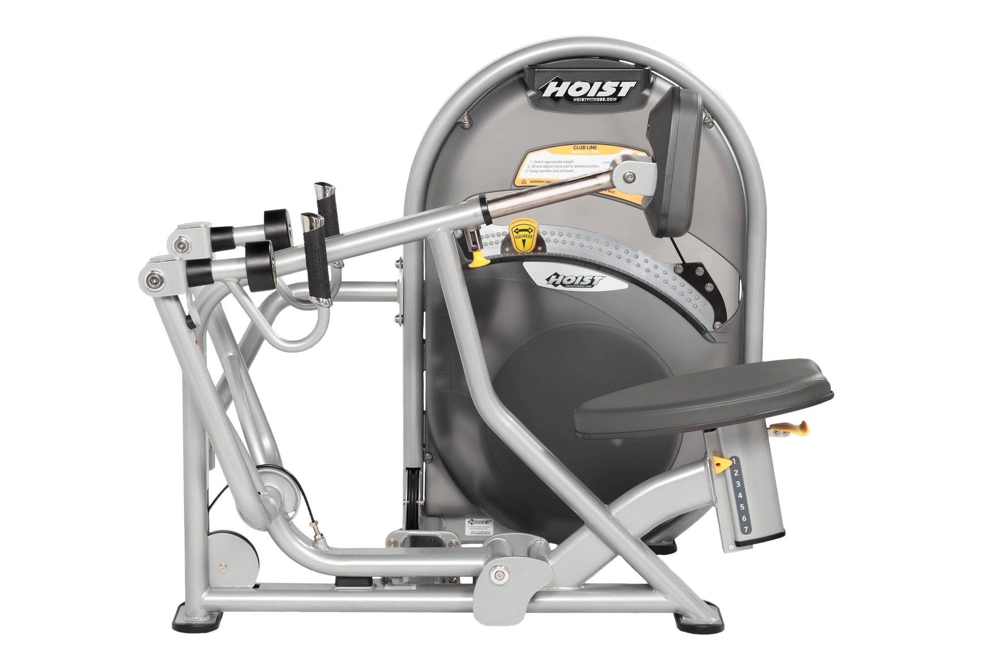 Hoist Mid Row CL-3203 strength training machine with silver frame, black padded seat and back support, adjustable handle bars