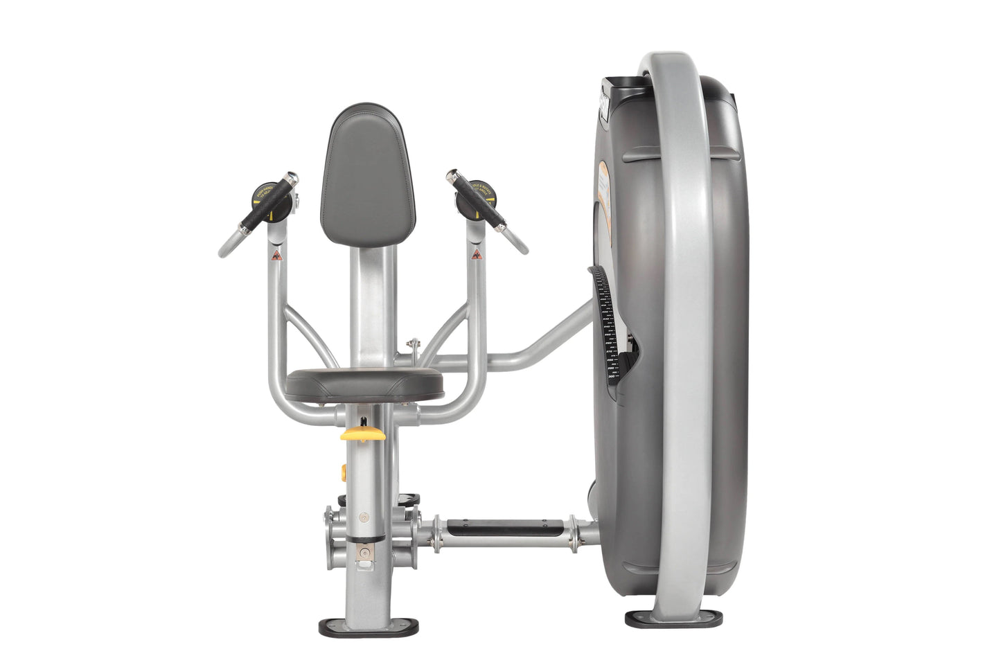 Hoist Mid Row exercise machine with silver frame, black padded seat and backrest, dual handles with gold accents, and large g
